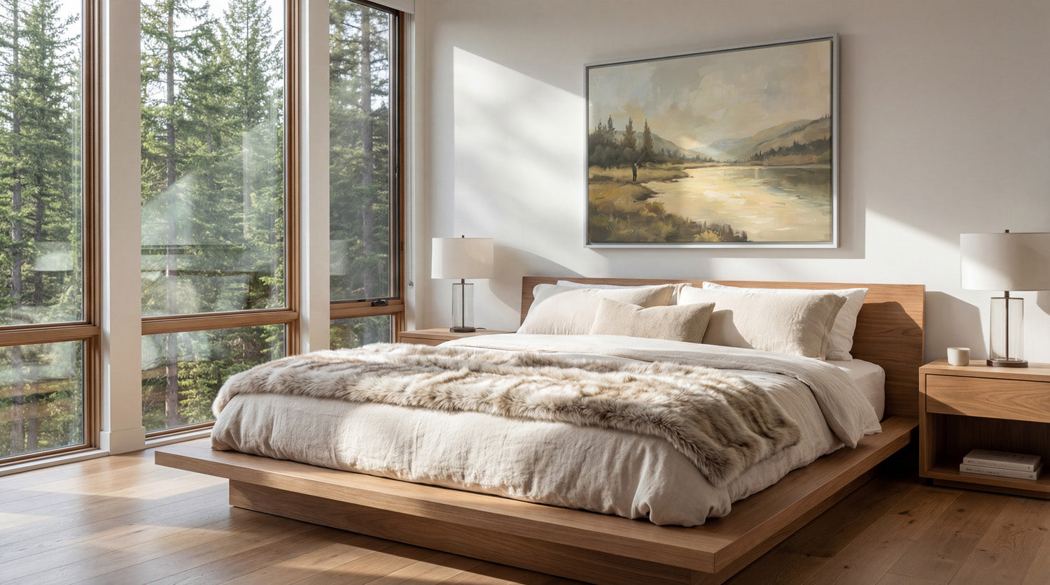 a serene bedroom with a large bed, wooden nightstands, and a painting of a landscape on the wall. The room has large windows that provide a view of the outdoors, and the overall decor has a warm, natural feel.