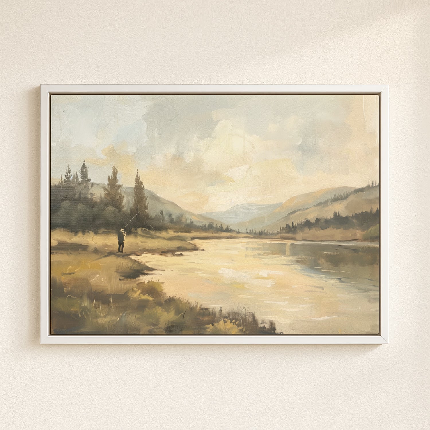 The image is a painting depicting a person fishing in a serene landscape with mountains, trees, and a calm body of water.