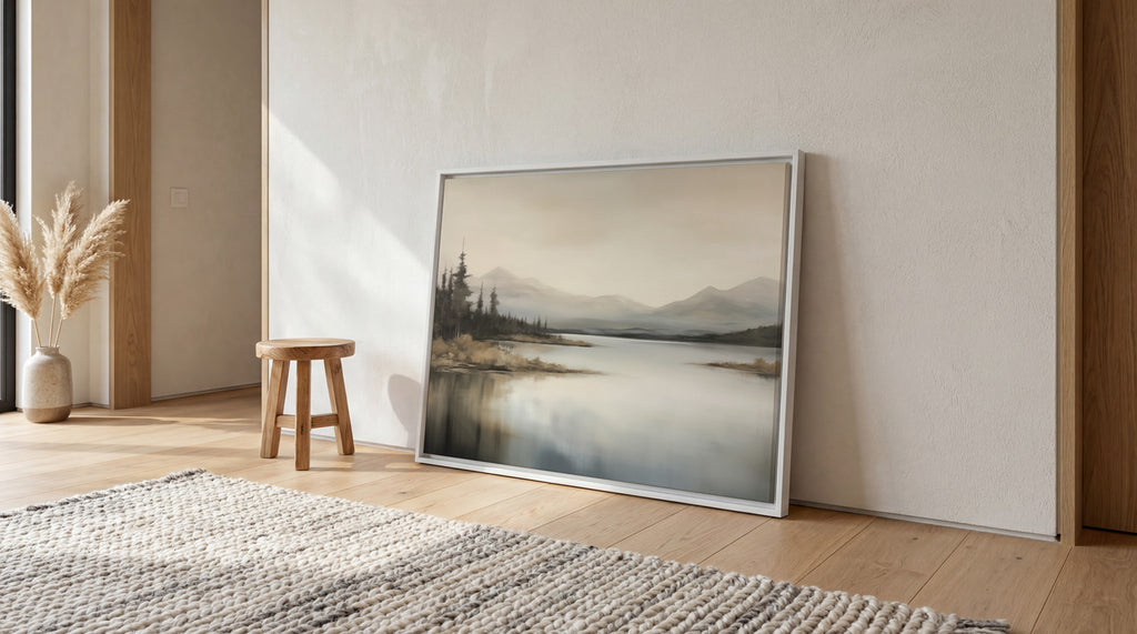 a large landscape painting hanging on a wall, with a wooden stool and a woven rug in the foreground.