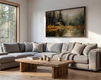 a cozy living room with a large window overlooking a forest, a wooden coffee table in the center, and a framed painting of a cabin in the background.