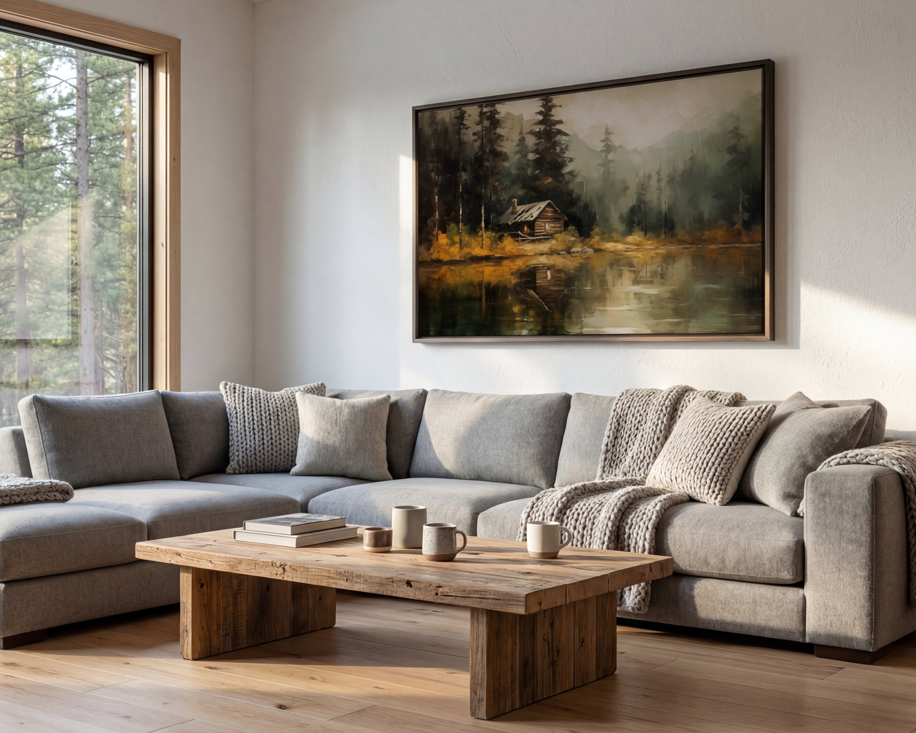 a cozy living room with a large window overlooking a forest, a wooden coffee table in the center, and a framed painting of a cabin in the background.