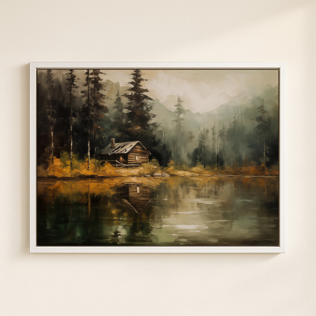 a serene cabin nestled in a forest, with a tranquil lake reflecting the surrounding trees and mountains in the background.