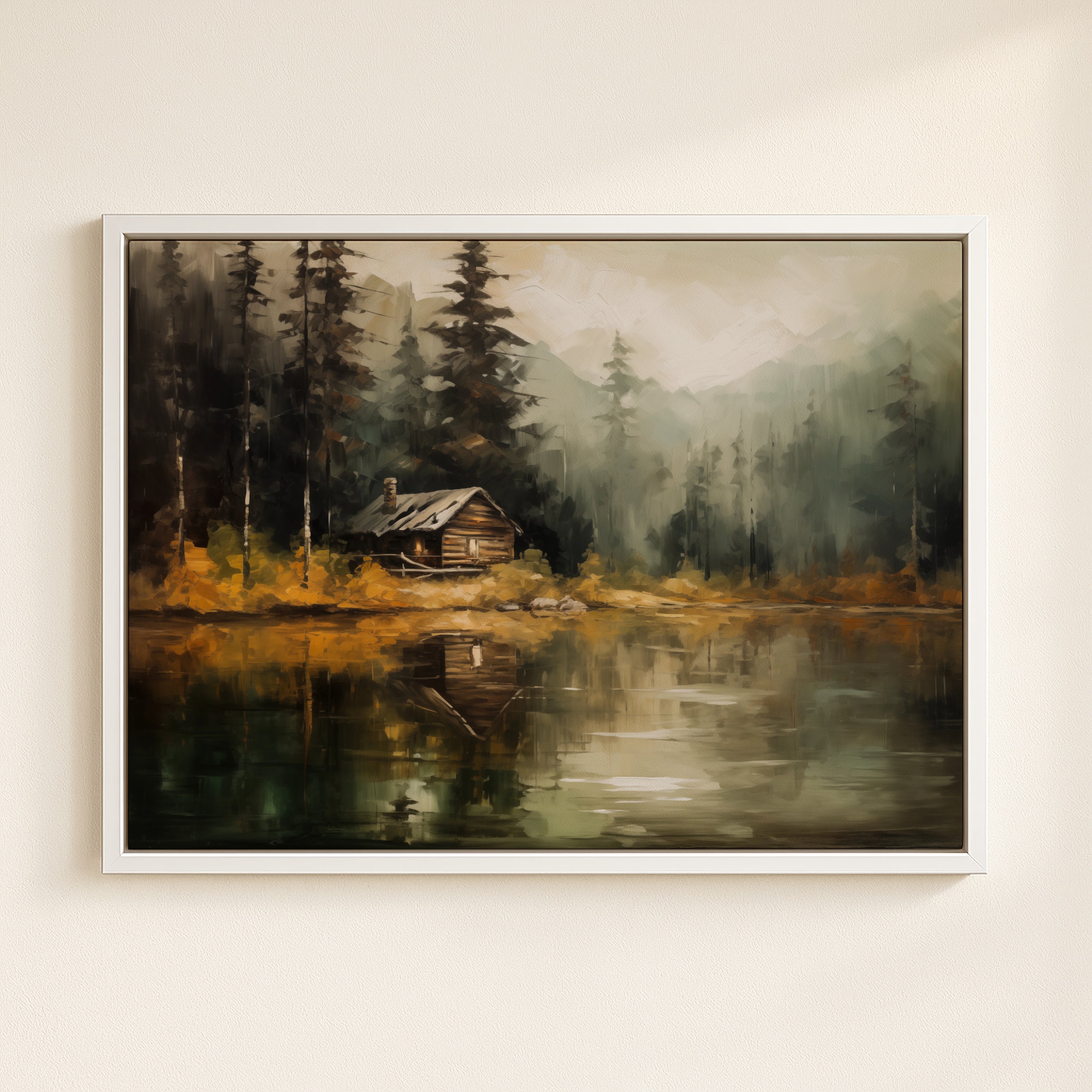 a serene cabin nestled in a forest, with a tranquil lake reflecting the surrounding trees and mountains in the background.