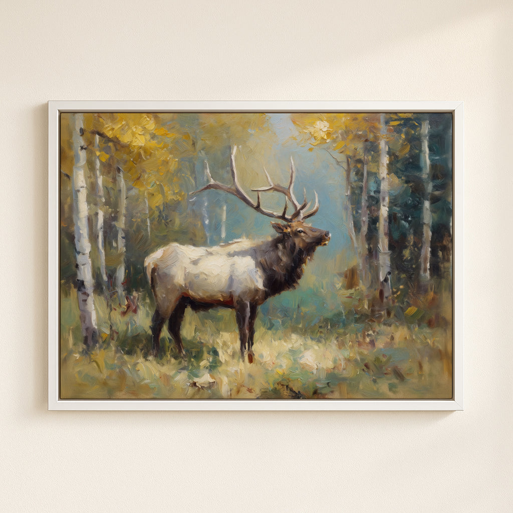 A painting of a majestic elk standing in a forest, surrounded by tall trees with yellow leaves.