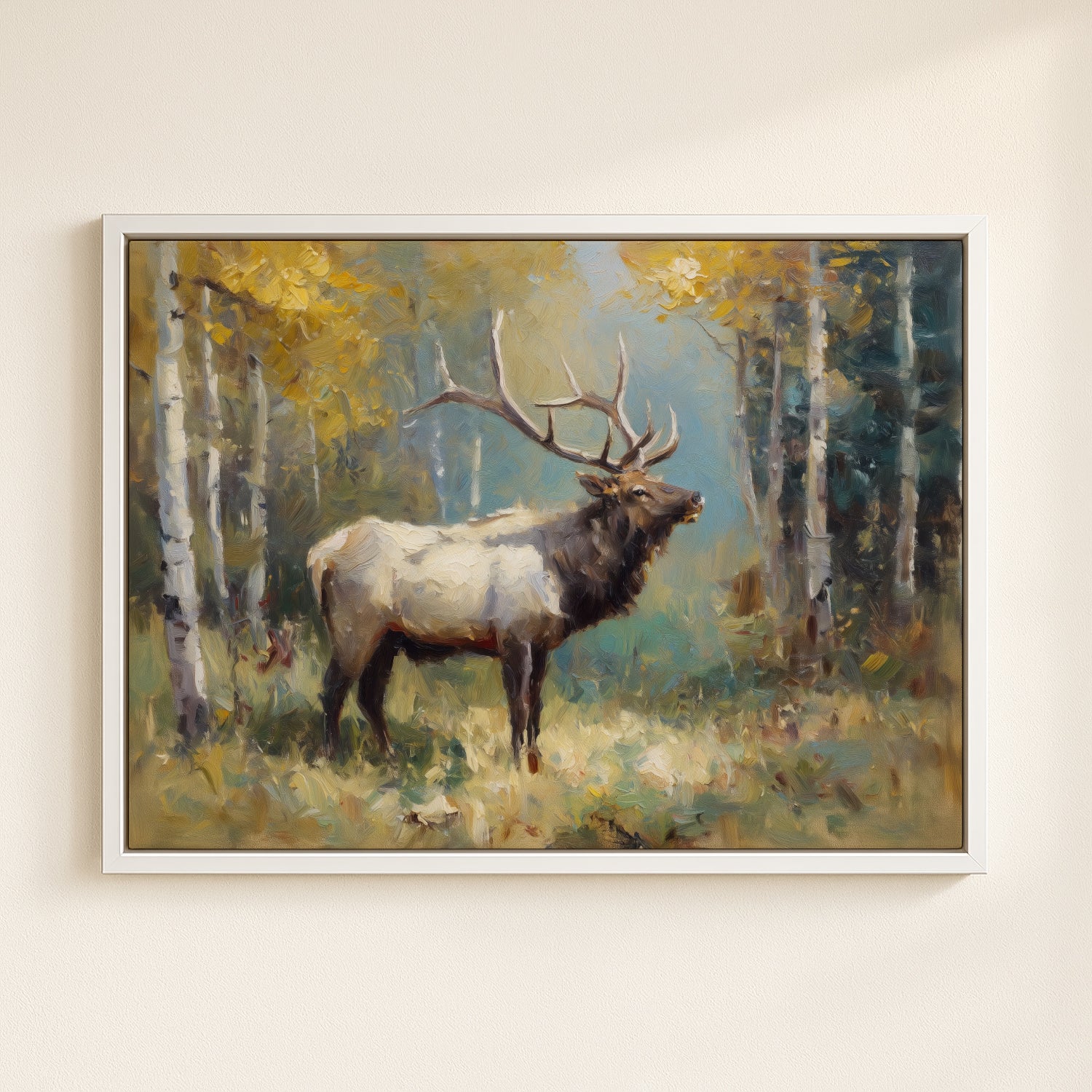 A painting of a majestic elk standing in a forest, surrounded by tall trees with yellow leaves.