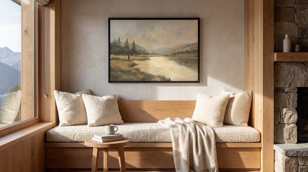 a cozy living room with a large window overlooking a scenic landscape. The room features a wooden bench with plush pillows, a small wooden table with a coffee mug and a book, and a framed landscape painting on the wall.