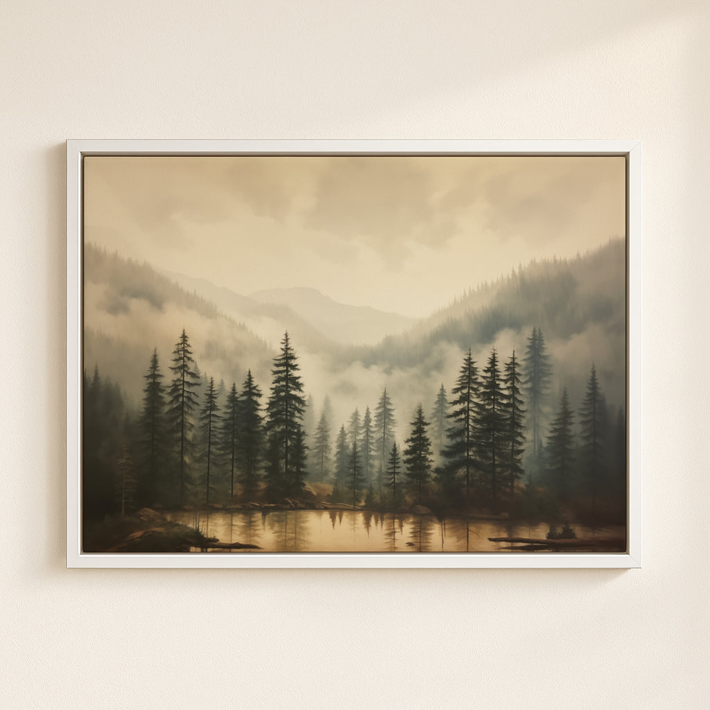 a serene forest landscape with tall pine trees and a calm lake in the foreground, surrounded by mountains shrouded in fog.