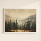 a serene forest landscape with tall pine trees and a calm lake in the foreground, surrounded by mountains shrouded in fog.
