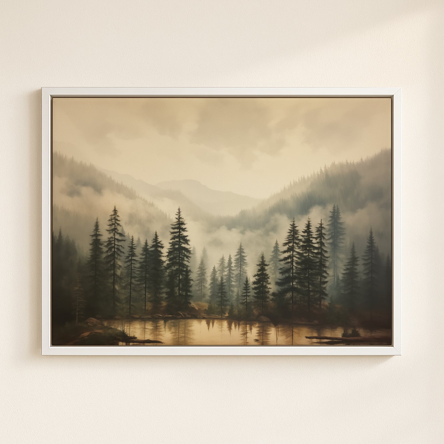 a serene forest landscape with tall pine trees and a calm lake in the foreground, surrounded by mountains shrouded in fog.