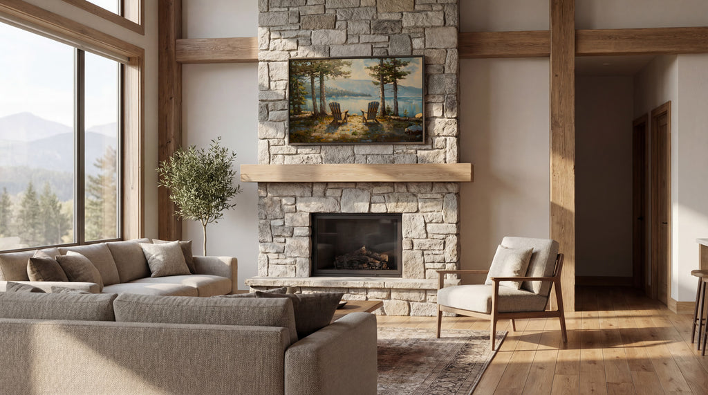 a cozy living room with a stone fireplace, a large window overlooking a scenic mountain view, and comfortable seating arrangements including a sofa and two armchairs.