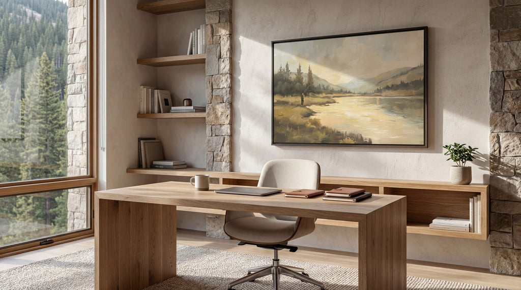 a serene and modern workspace with a large window overlooking a scenic landscape, a wooden desk with a laptop and books, and a framed landscape painting on the wall.