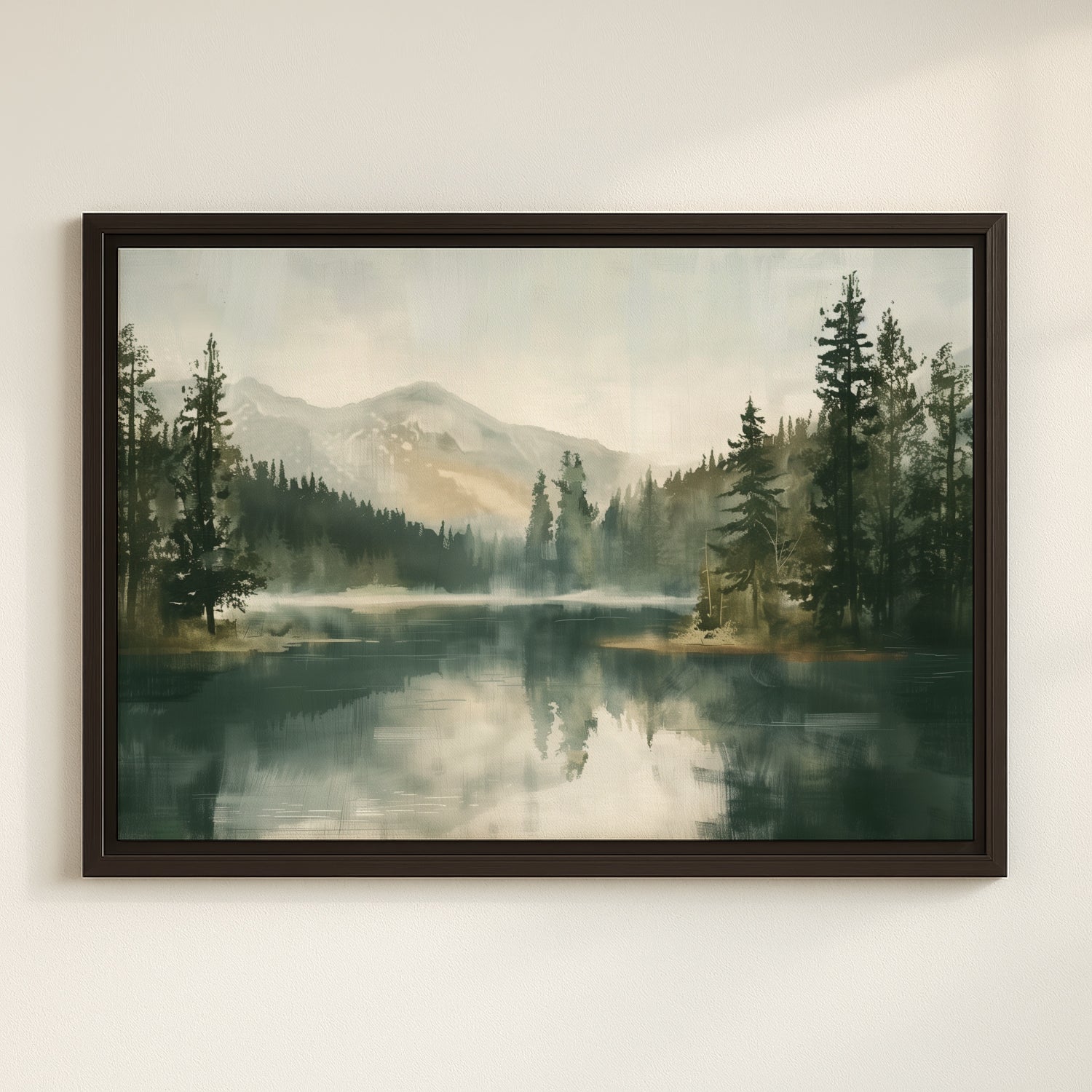 The image is a framed painting depicting a serene landscape with a lake surrounded by pine trees and mountains in the background.