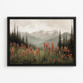 A framed painting depicting a serene mountain landscape with a field of red flowers in the foreground and a backdrop of snow-capped mountains.
