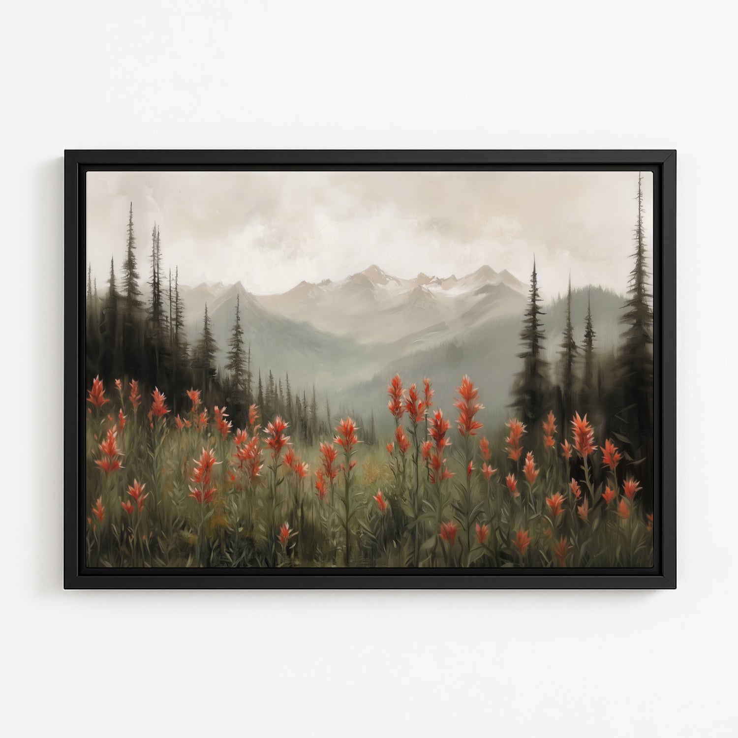 A framed painting depicting a serene mountain landscape with a field of red flowers in the foreground and a backdrop of snow-capped mountains.