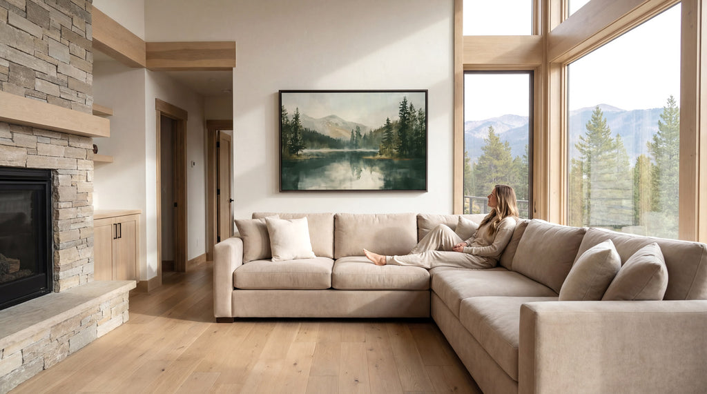 A woman sits on a beige sectional sofa in a spacious living room, with a large window offering a scenic view of a mountain landscape.