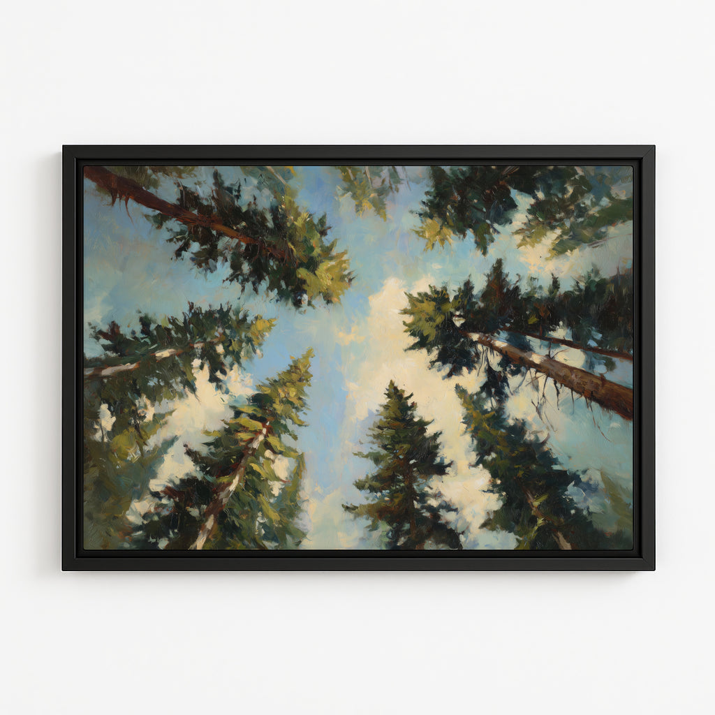 The image is a framed painting depicting a forest scene with tall trees reaching up towards a blue sky.