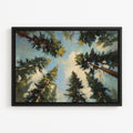 The image is a framed painting depicting a forest scene with tall trees reaching up towards a blue sky.
