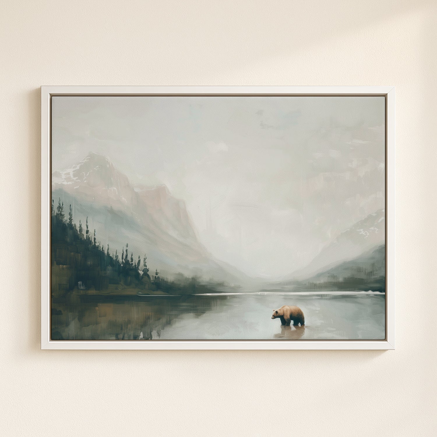 A painting of a bear standing in a lake surrounded by mountains and trees.