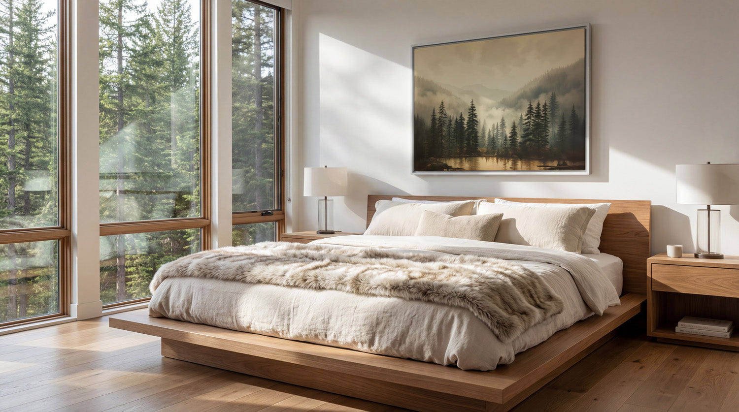 a serene bedroom with a large bed, wooden nightstands, and a painting of a forest landscape on the wall. The room has large windows that provide a view of the surrounding trees, creating a peaceful and natural atmosphere.