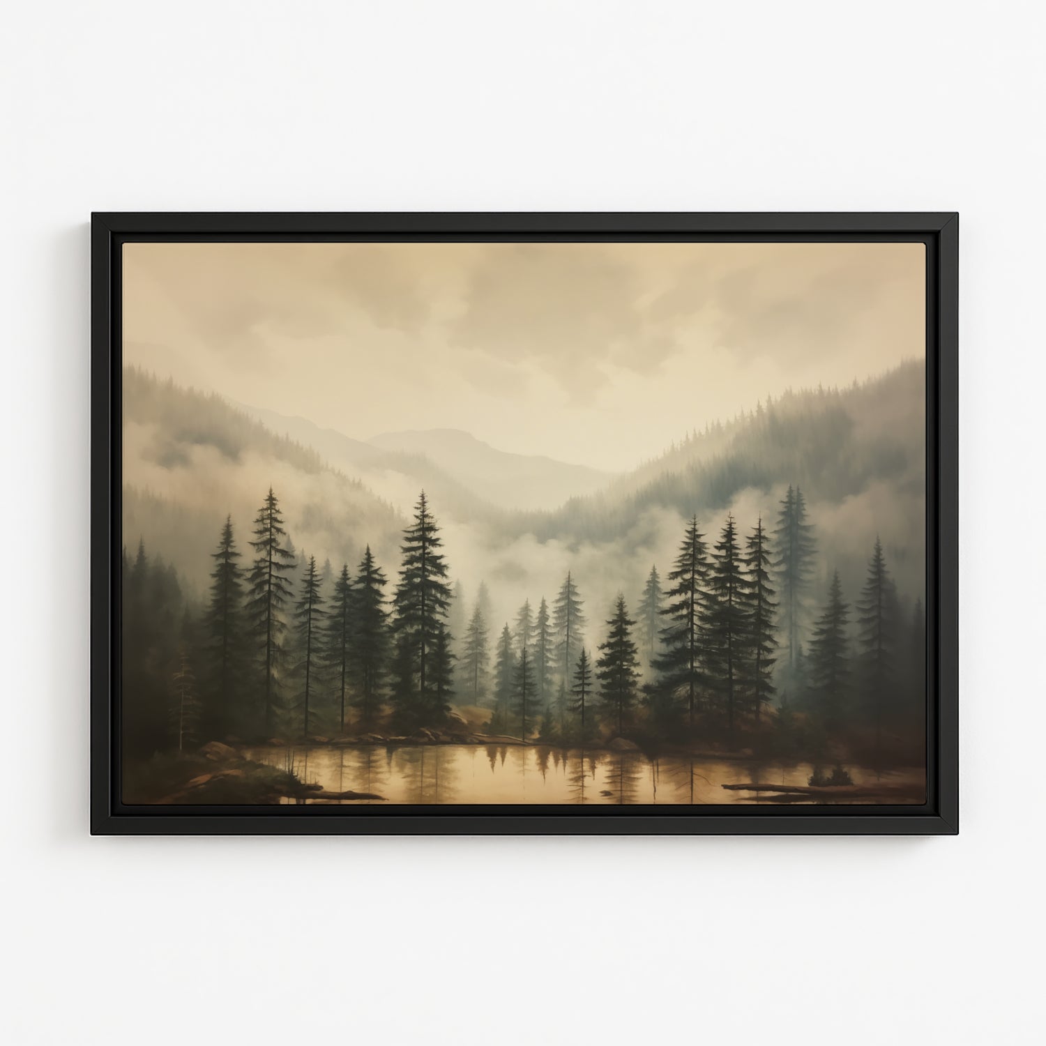 a serene forest landscape with tall pine trees, a lake, and mountains in the background.