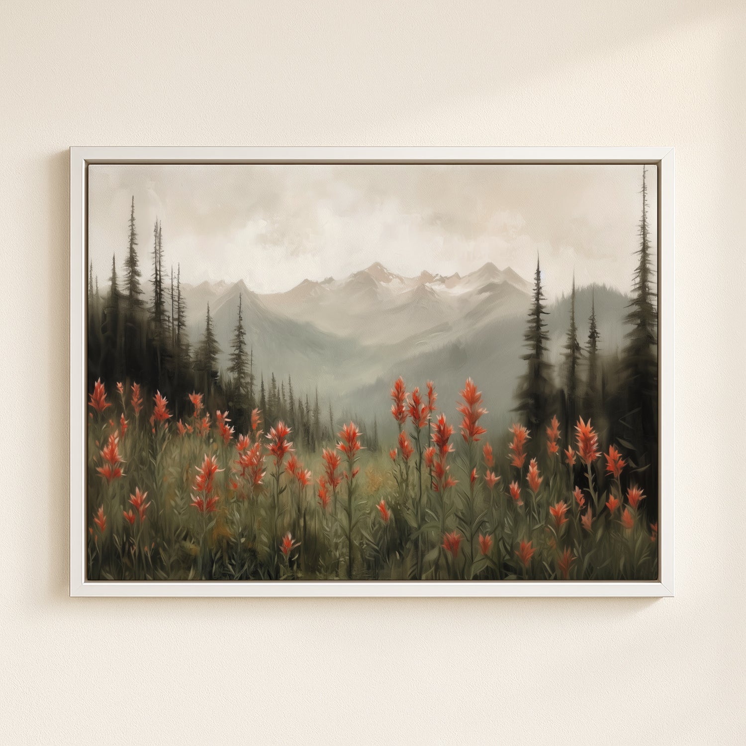 A framed painting depicting a serene mountain landscape with a field of red flowers in the foreground and a backdrop of snow-capped mountains and a cloudy sky.