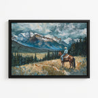 A cowboy on horseback is shown in a scenic landscape with snow-capped mountains, a forested area, and a cloudy sky.
