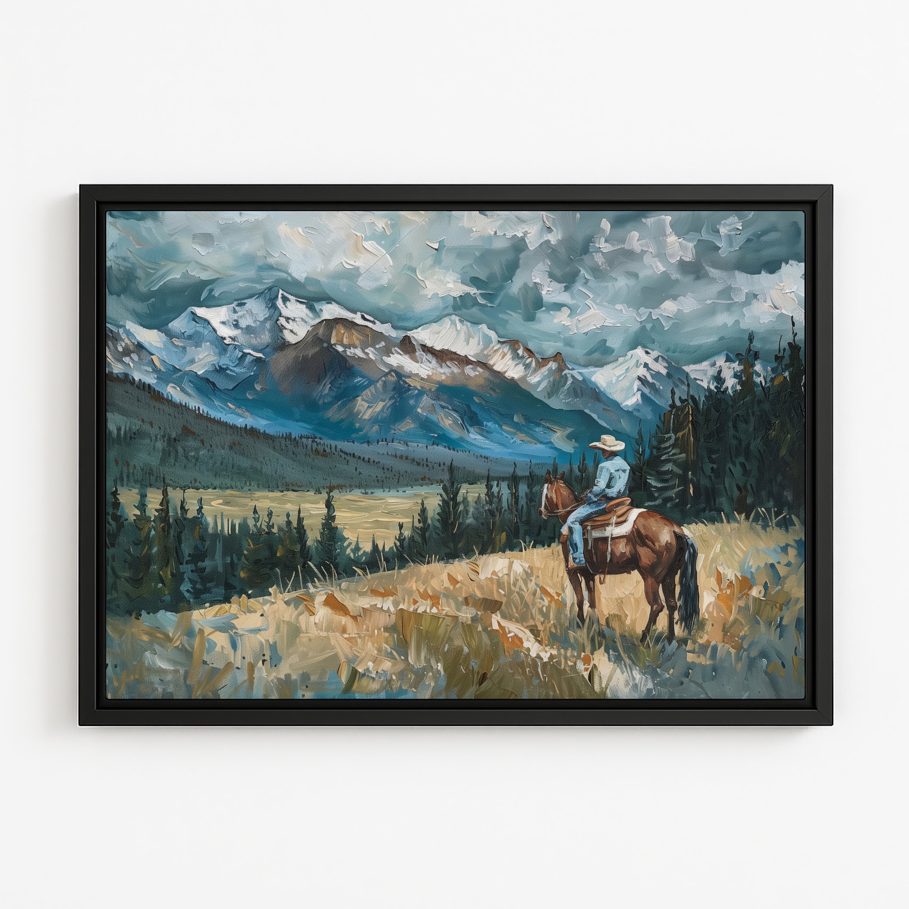 A cowboy on horseback is shown in a scenic landscape with snow-capped mountains, a forested area, and a cloudy sky.