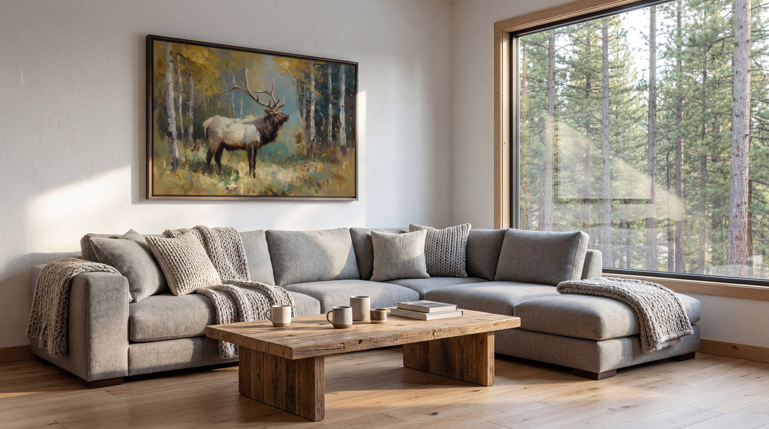 a cozy living room with a large window overlooking a forest. The room features a gray sectional sofa, a wooden coffee table, and a framed painting of a deer in a forest.