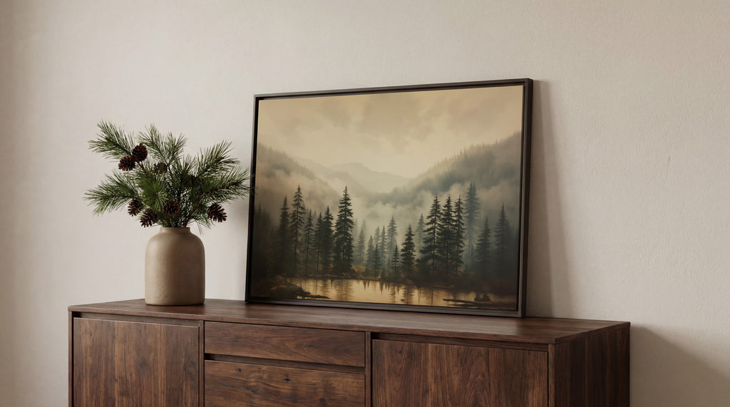 a wooden cabinet with a framed landscape painting hanging on it, depicting a serene forest scene with pine trees and a lake.