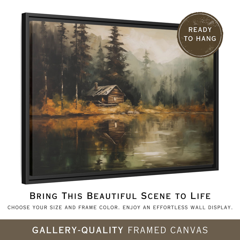 The image is a framed canvas depicting a serene landscape with a cabin nestled in a forest, surrounded by a tranquil lake. The painting showcases the beauty of nature and the peacefulness of the scene.