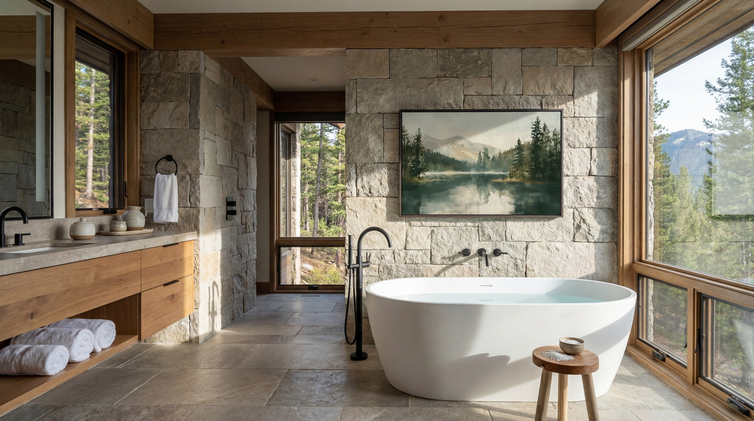 a luxurious bathroom with a large freestanding bathtub, a wooden vanity, stone walls, and a painting of a forest landscape above the bathtub. The room is illuminated by natural light from the large windows, creating a serene and relaxing atmosphere.