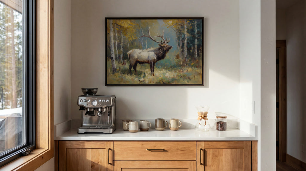 a kitchen counter with a coffee maker, two mugs, and a glass jar containing what appears to be coffee beans. Above the counter, there is a framed painting of a deer in a forest setting.