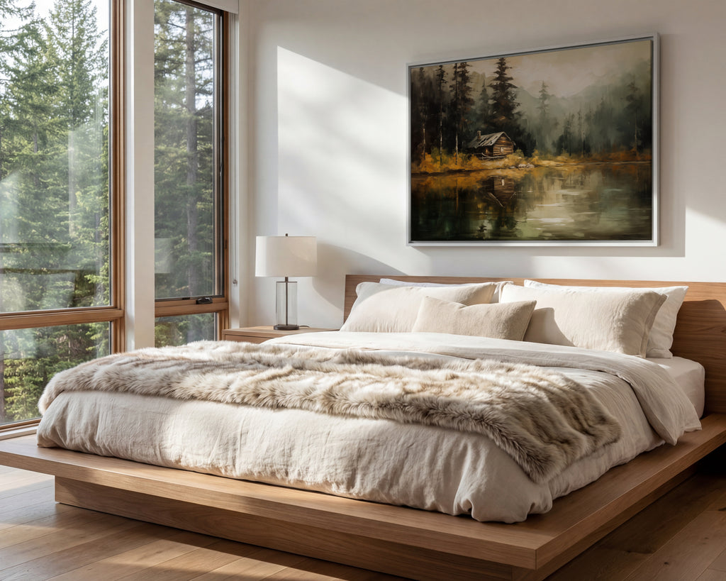 a serene bedroom scene with a large bed, a painting of a forest landscape, and a window overlooking the outdoors.