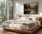 a serene bedroom scene with a large bed, a painting of a forest landscape, and a window overlooking the outdoors.