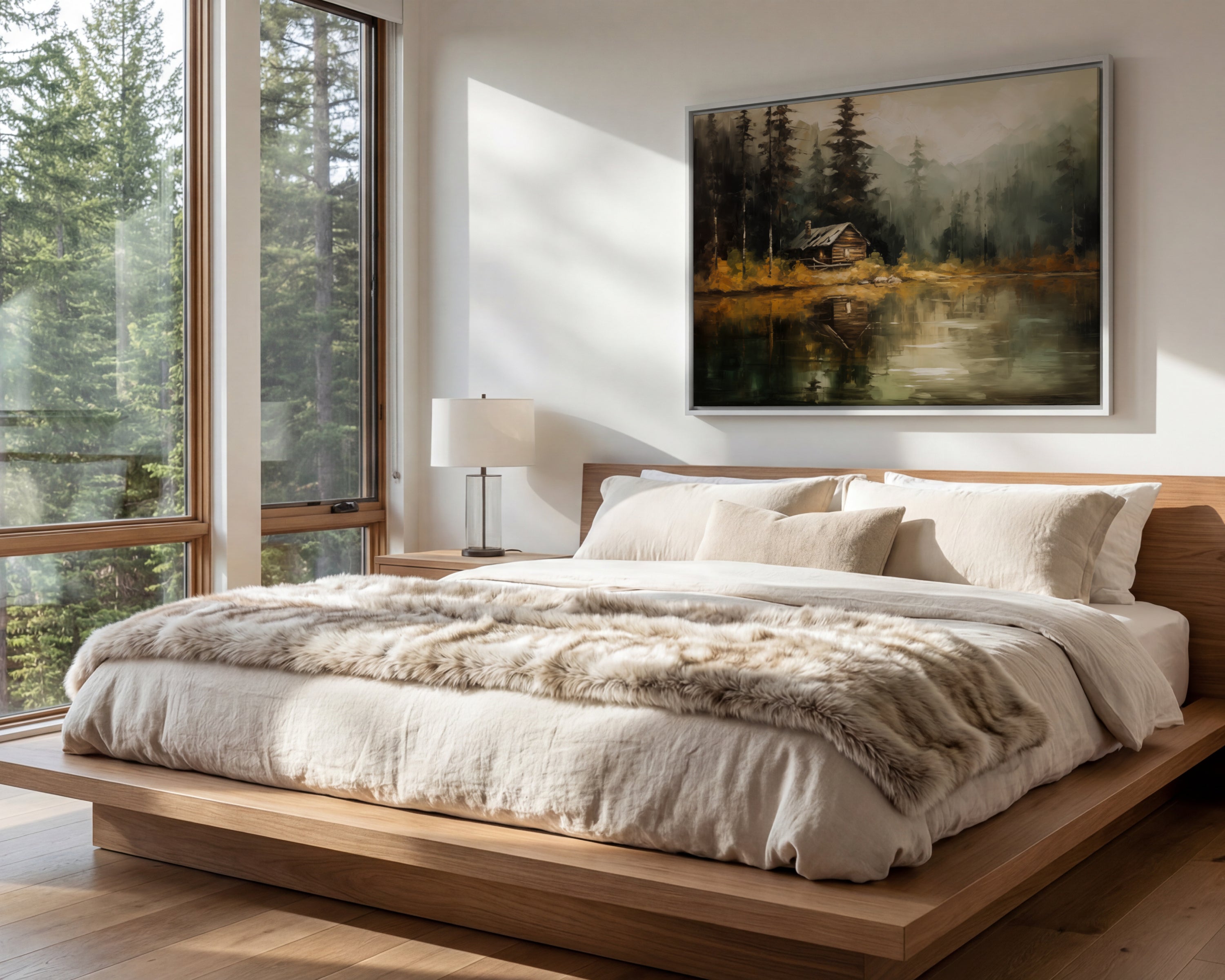 a serene bedroom scene with a large bed, a painting of a forest landscape, and a window overlooking the outdoors.