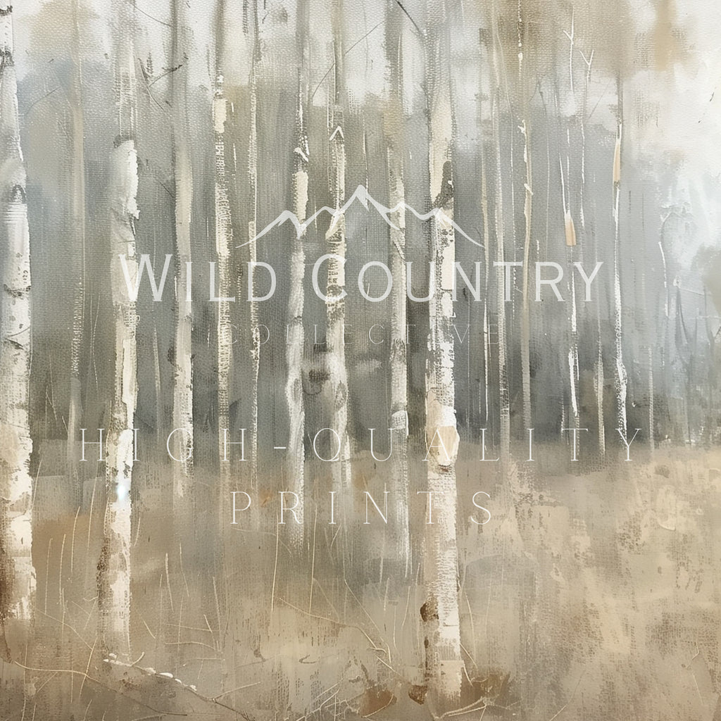 The image is a painting of a forest with tall trees and a mountain range in the background. The painting has a textured, textured appearance, with a muted color palette.