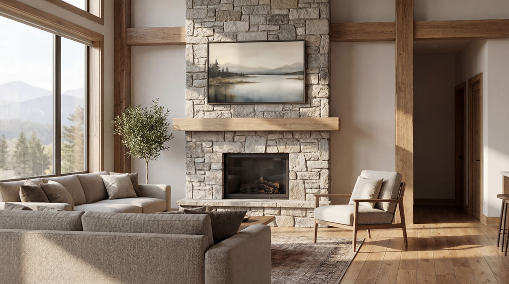 a spacious living room with a large stone fireplace, a comfortable sofa, a wooden coffee table, and a large window overlooking a scenic mountain landscape.