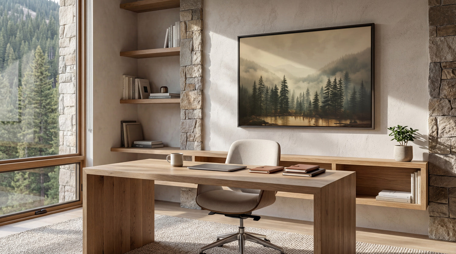 a serene and modern workspace with a large window overlooking a forest, a wooden desk with a laptop and books, and a framed landscape painting on the wall.