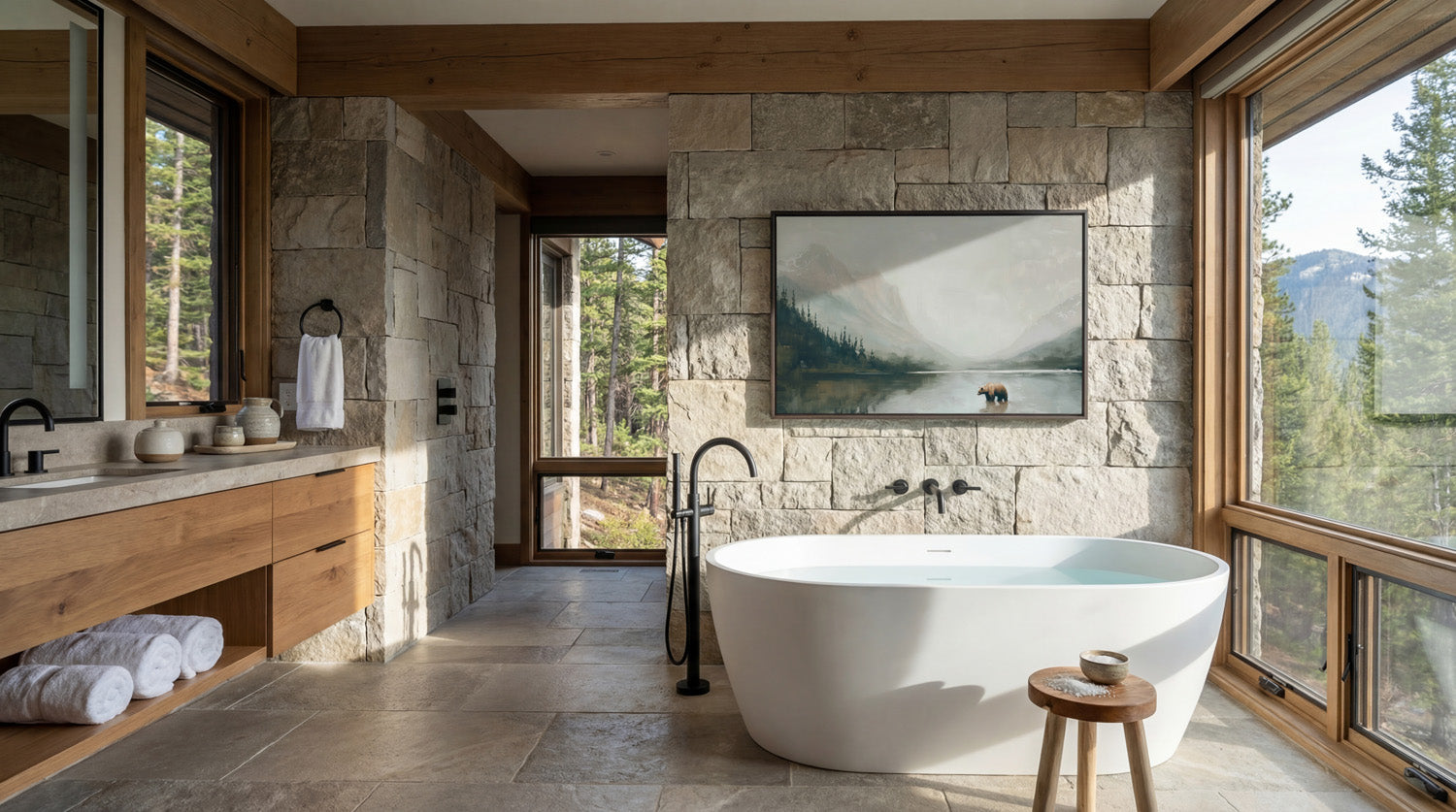 a luxurious bathroom with a large freestanding bathtub, a wooden vanity, stone walls, and a painting of a landscape. The room is illuminated by natural light from the large windows, creating a serene and relaxing atmosphere.