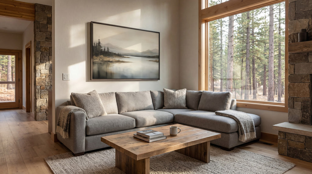 a cozy living room with a large window overlooking a forest, a stone fireplace, and a wooden coffee table with books and a mug.