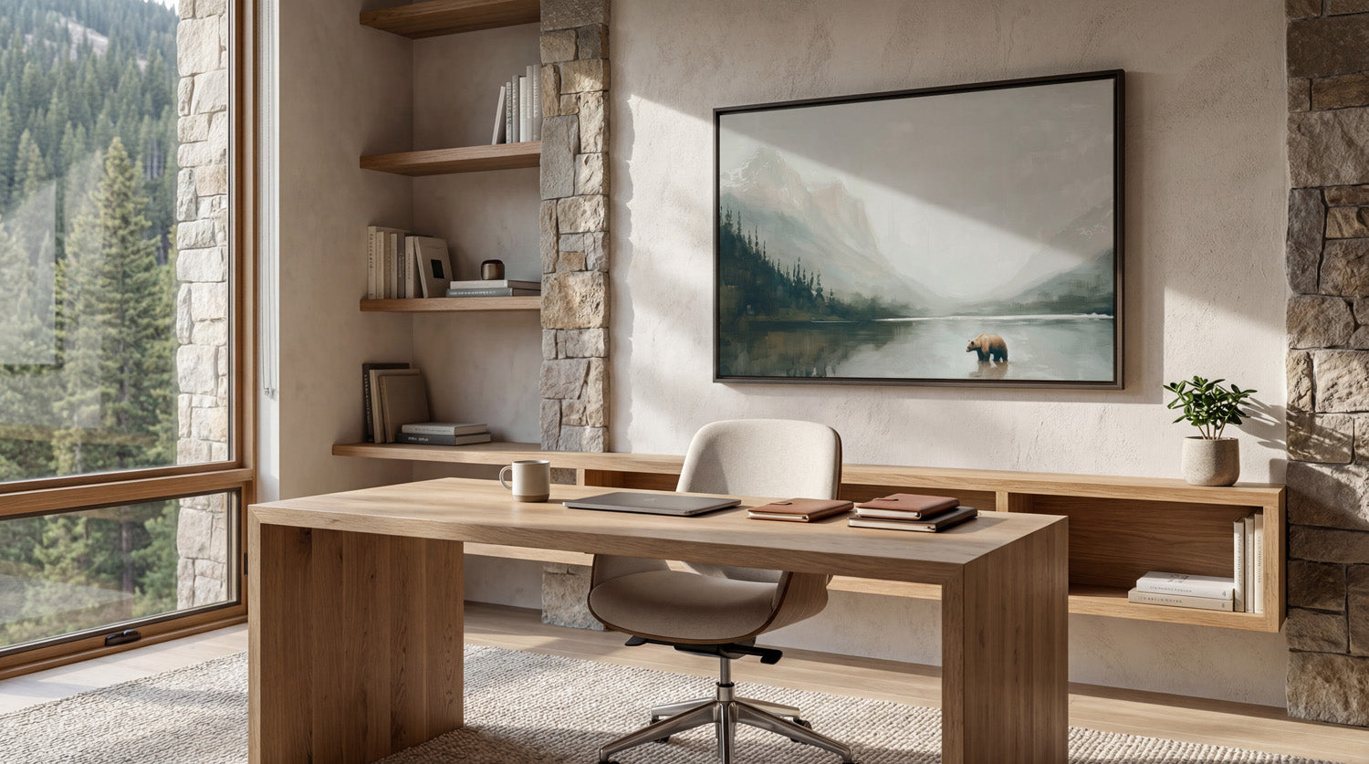 a serene and modern workspace with a large window overlooking a scenic mountain landscape. The room features a wooden desk with a laptop, a comfortable chair, and a framed landscape painting on the wall. The room is well-lit, with natural light streaming in from the window, creating a peaceful and inspiring atmosphere.