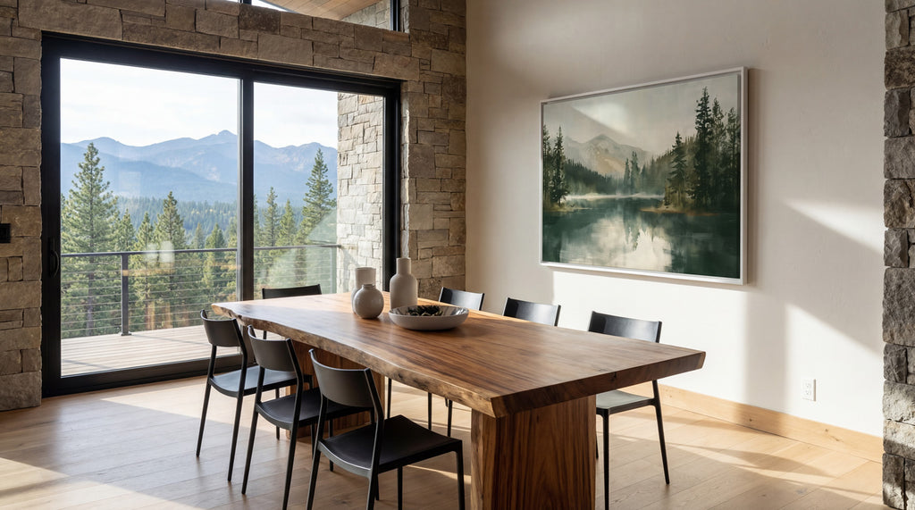 a modern dining room with a large wooden table and chairs, a framed landscape painting on the wall, and a view of mountains through a large window.